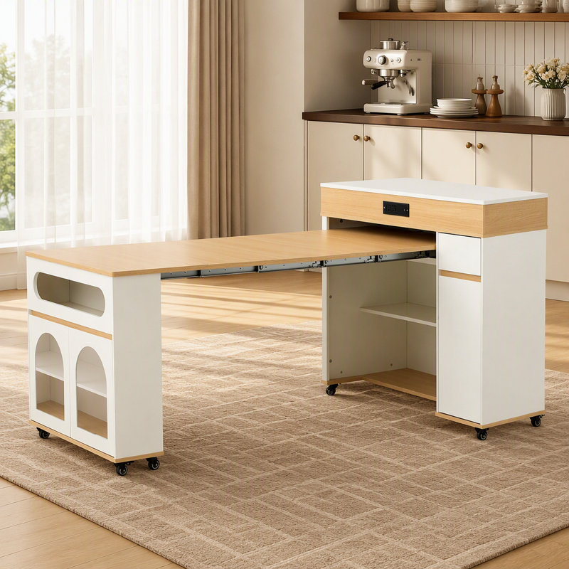 Table de salle à manger extensible avec plateau pliant extra-long, îlot de cuisine roulant avec tiroirs, prise électrique et frein de stationnement, meuble de rangement pour cuisine et salle à manger