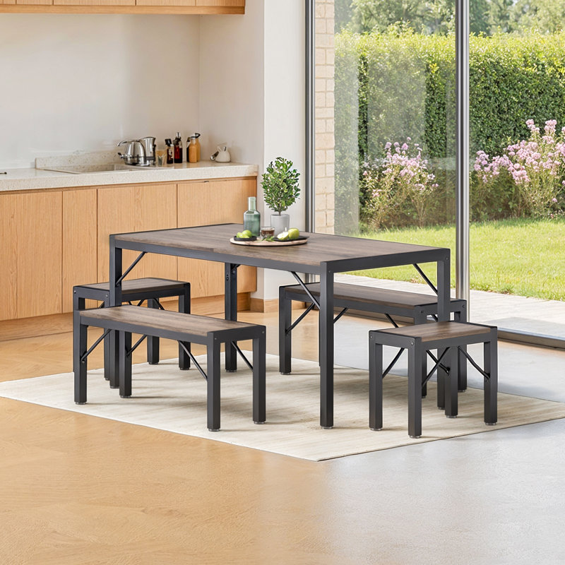 Pendry 6 - Person Dining Set, Dining Table with 2 Long Benches and 2 Short Benches, Gray
