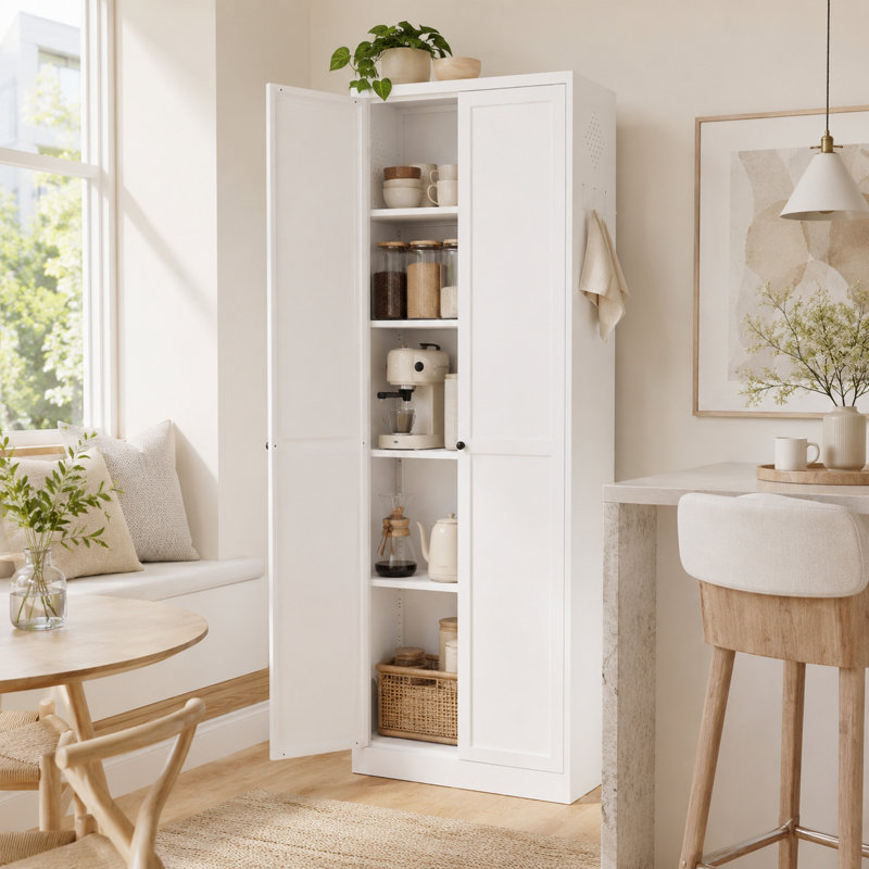 White Metal Pantry Cabinet, Tall Kitchen Storage Cabinet with 2 Doors, 4 Adjustable Shelves, Microwave Shelf and Wall Anchor for Kitchen, Laundry Room, Bathroom and Home Office