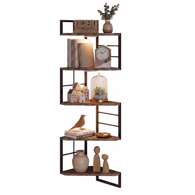 Corner Floating Shelves with Lights - 5 Tiers Corner Shelf Wall Mounted, Bookshelf with LED Light, Floating Shelves for Wall, Display Shelf for Bedroom, Office & Home Decor-Light Carbon Black