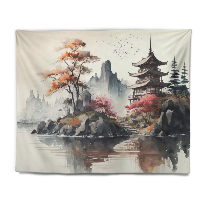 Aquarelle paysage japonais I - Tapisserie murale moderne, H 32 po x l 39 po
