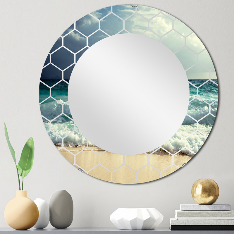 Vagues bleues se brisant sur la plage - Miroir mural nautique et côtier, 24 po x 24 po