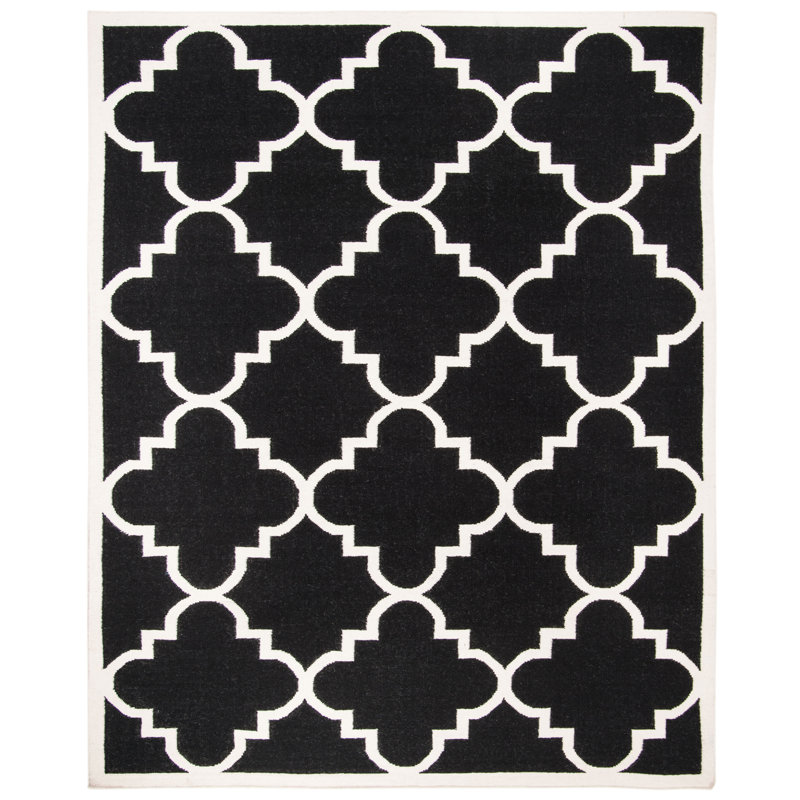 Rodgers Hand Woven Flat Weave Wool/Cotton Geometric Rug in Ivory/Black, Rectangle 3' x 5'