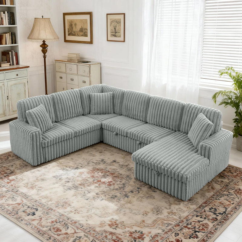 Corduroy U-Shaped Sofa with Pull-Out Bed & Storage Chaise, Gray Corduroy
