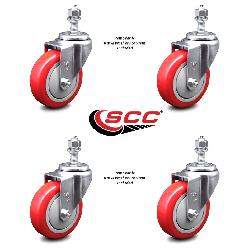 4 Inch_Polyurethane Wheel Swivel ½ Inch Threaded Stem Caster Set SCC, Red