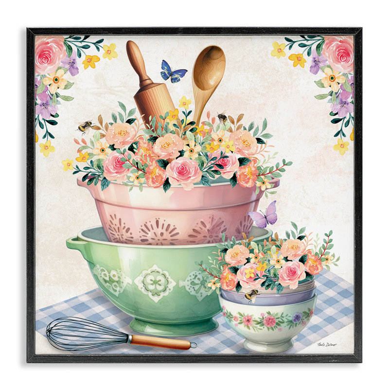 Bols de cuisine floraux empilés par Nicole DeCamp, H 24 po x l 24 po, Giclée encadrée noir minuit