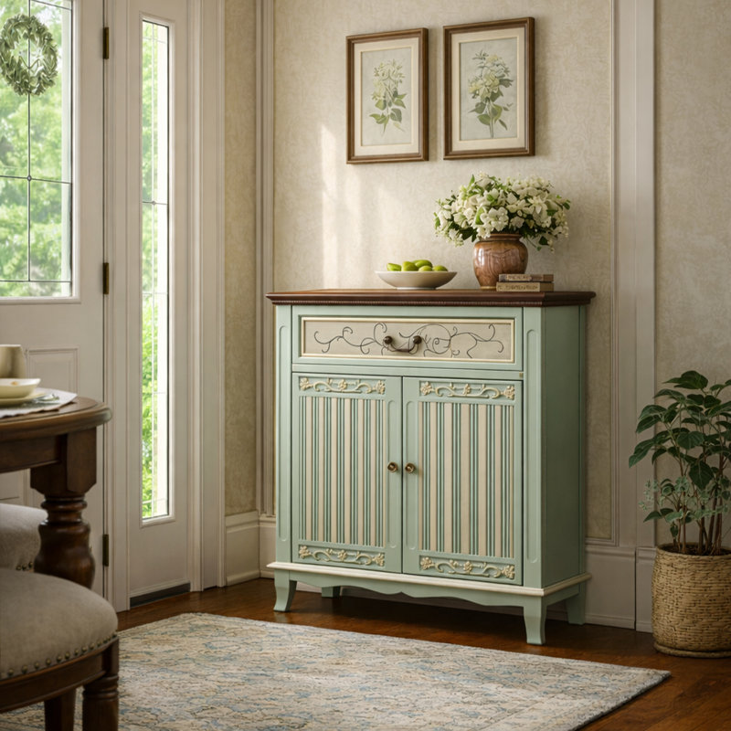 Armoire d'appoint en bois sculpté à 2 portes avec tiroirs Fienley Farmhouse, vert sauge, plateau brun rustique