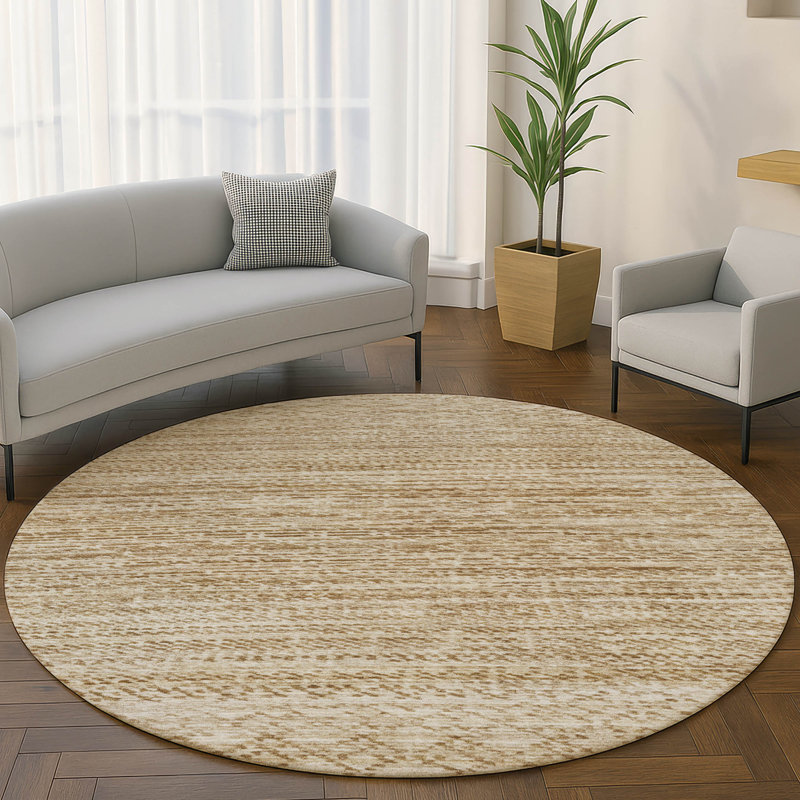 Premium Machine Washable Mayfield AMF2150 Striped Rug, Beige, Round 8'