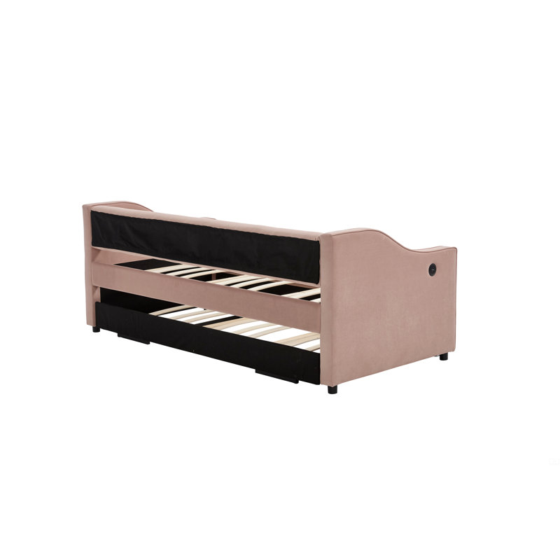 Twin Size Upholstered Daybed With Trundle,USB Port ,Side Pockets,Velvet Daybed With Button On Back, Pink
