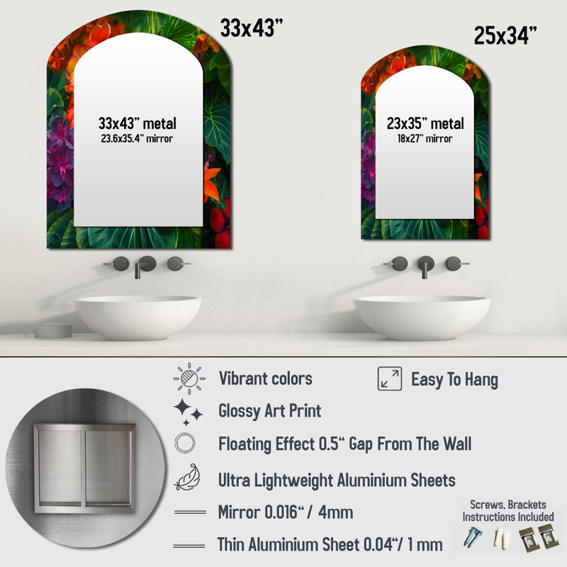 «Vibrantly Happy Blossoming Tropical Flowers I», grand miroir mural à arche de fleurs, miroir traditionnel asymétrique traditionnel, impression d'art en métal