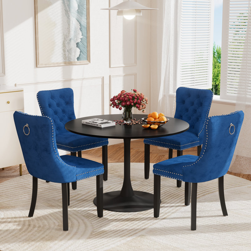 5-Piece Modern Dining Set: 42.1" Marble-Look MDF Table & 4 Velvet Upholstered Chairs, Noir, noir, noir, noir, Bleu
