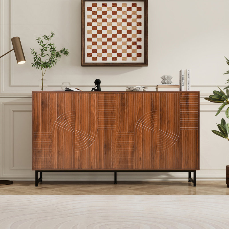 Mid-Century Modern Sideboard Buffet Cabinet, Geometric Carved Storage Cabinet With Metal Legs