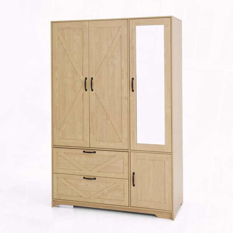 4 Doors Wardrobe Closet Mirror LED Drawers Hanging Rod