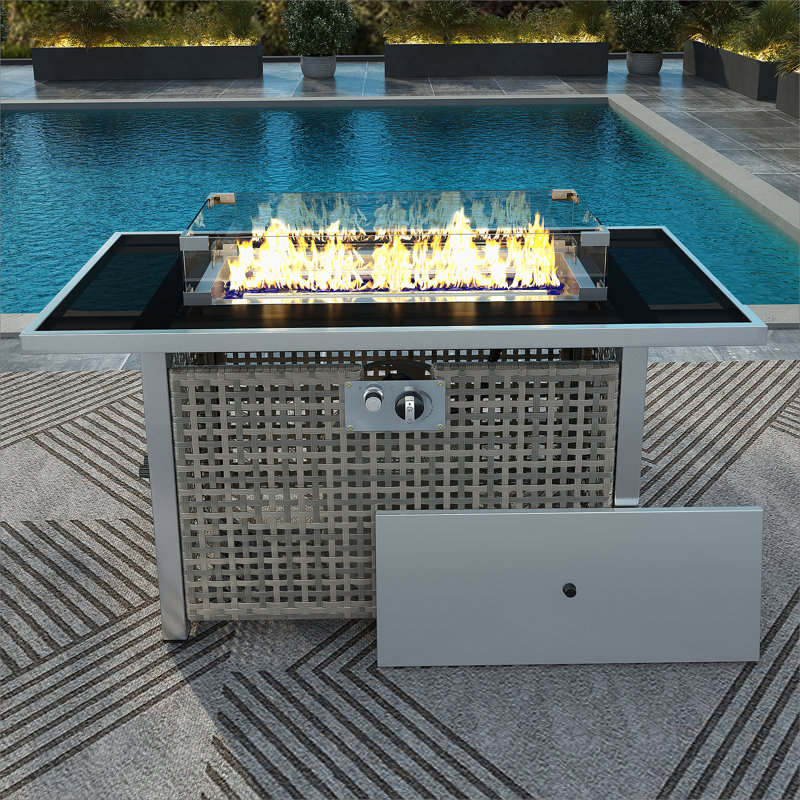Table de foyer d'extérieur au gaz propane K&K de 43 po, foyer d'extérieur rectangulaire en osier à tissage ouvert de 60000 BTU avec pare-vent en verre pour l'extérieur de la terrasse - gris