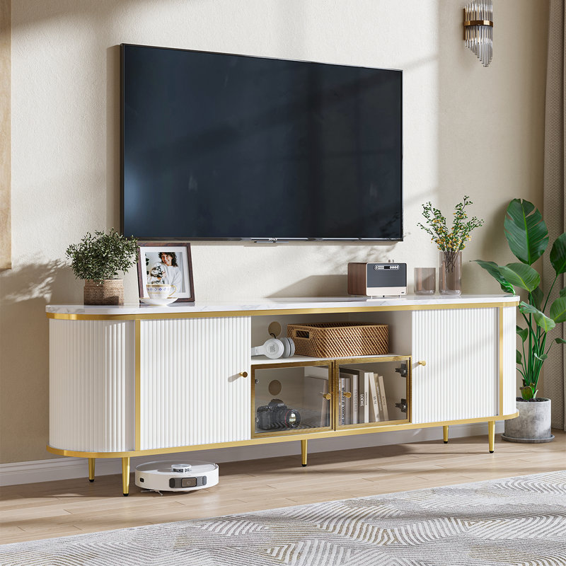 Luxury 70" Fluted Tv Stand For Tvs Up To 80", Modern Entertainment Center With Top, Curved Profile Design, Media Console For Living Room
