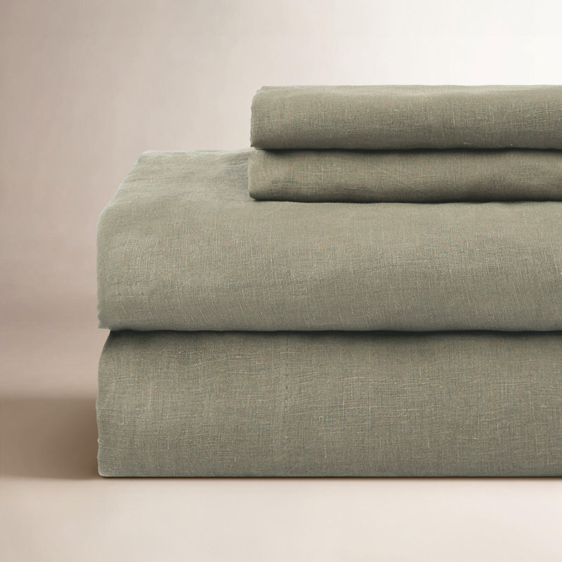 100% French Linen Sheet Set, California King Sheet Set with 2 Pillowcases, Moss