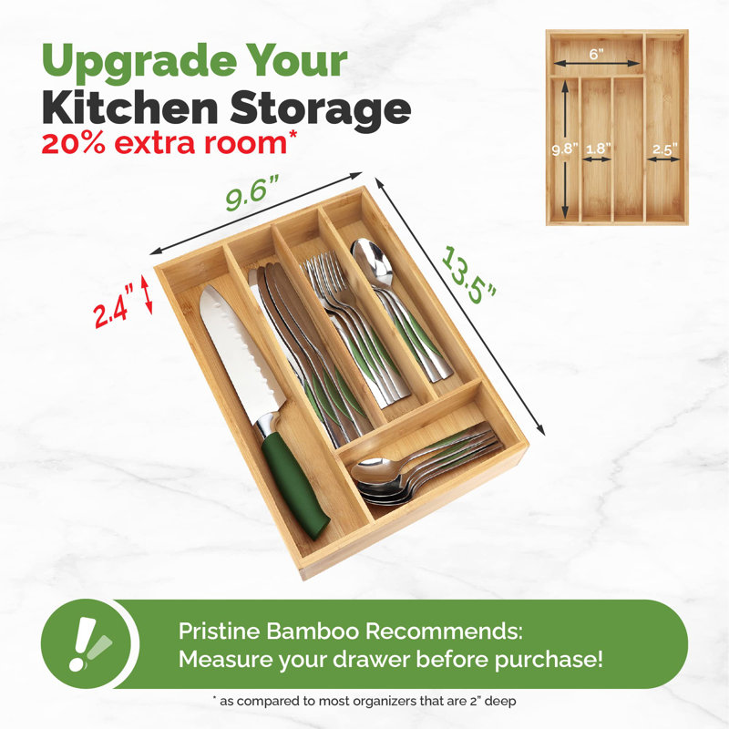 Silverware Organiser - Séparateur de tiroir de cuisine en bois extra-profond pour cuillères, fourchettes, couteaux et couverts - 5 fentes