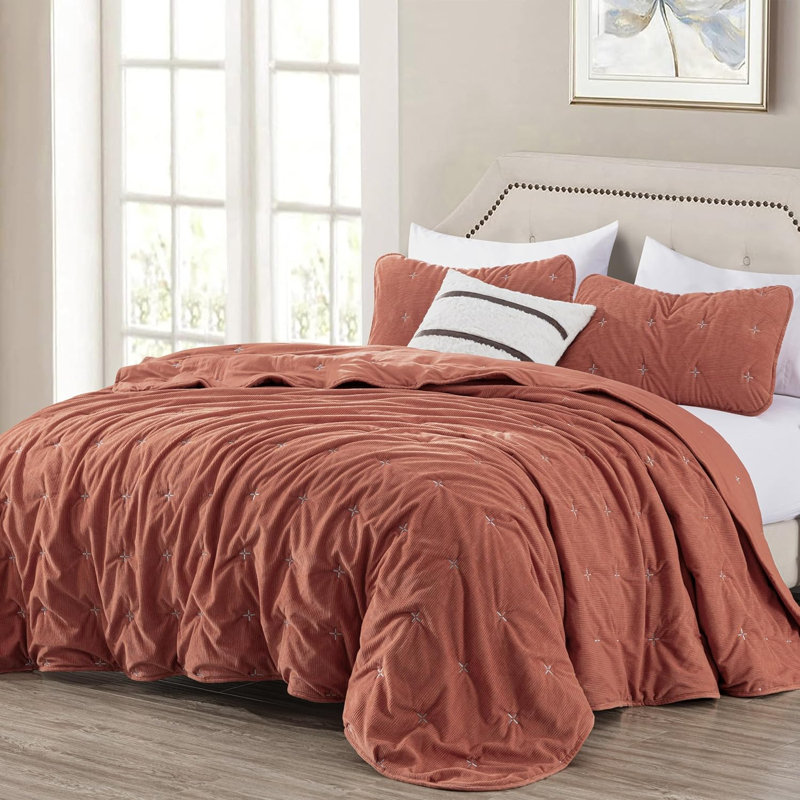 Corduroy Polyester Cross Stitch Quilt Set, Queen Quilt + 2 Standard Shams, Terracotta