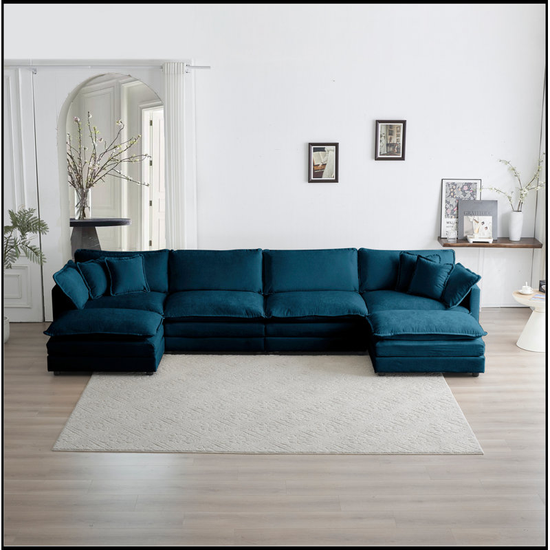 Grand canapé-lit en U avec méridienne réversible modulaire Comfort, Bleu