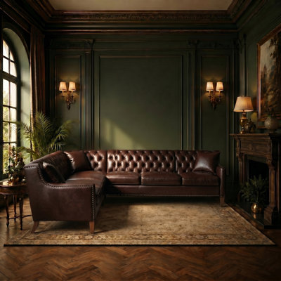 Canapé d'angle modulaire en forme de L, Chesterfield moderne de style Mid-Century avec dossier capitonné et garniture cloutée, structure renforcée robuste, résistant aux taches et aux égratignures, accueillant les animaux de compagnie, confort de soutien pour le salon