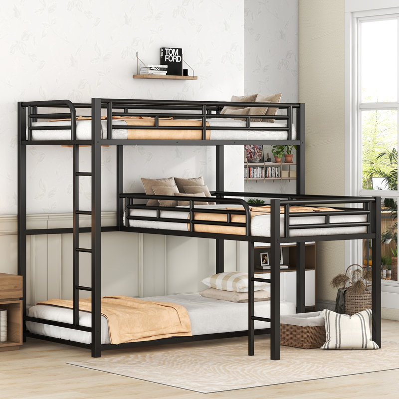 Twin Size L-Shaped Metal Triple Bunk Bed, Space-Saving Triple Metal Bunk Bed with Sturdy Frame, Black