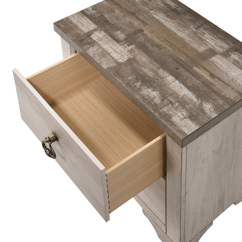 Cottage Style Distressed 2 Drawer Nightstand Driftwood Finish Contrasting Weathered Brown Top Traditional Ring Pull Hardware Wooden