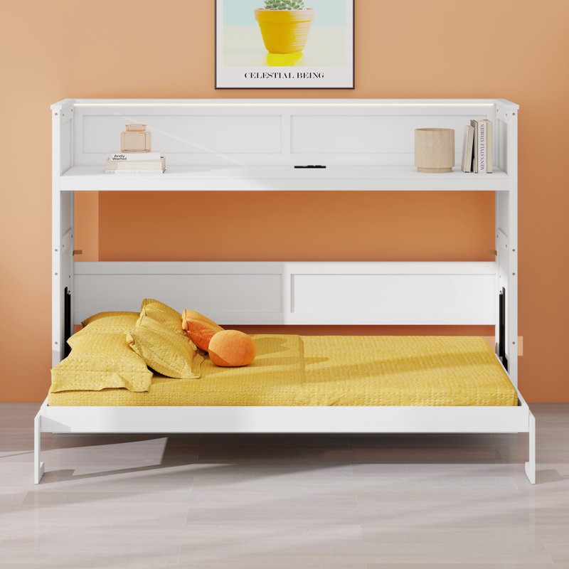 Lit armoire mural en bois intégré avec tablettes, Blanc