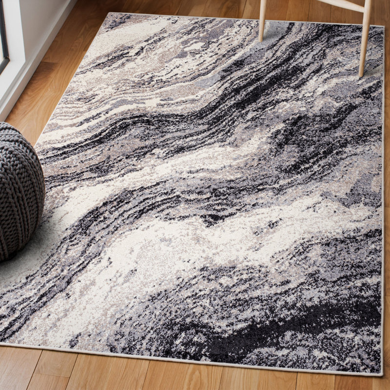 Olvin Contemporary Glam Abstract Marble Charcoal/Cream Rug, Rectangle 3' x 5'