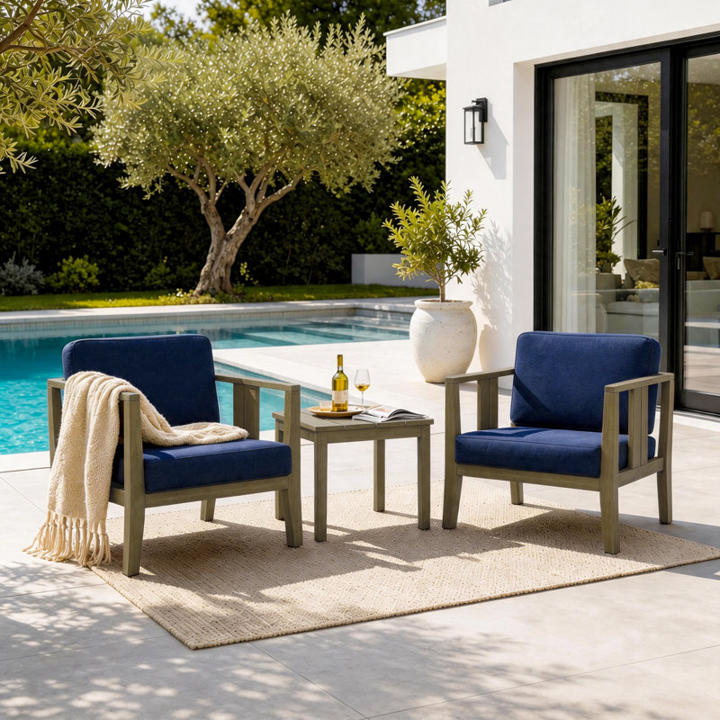 Junco Teak Outdoor Two-Person Patio Set With Cushions And Side Table, Brown, Navy