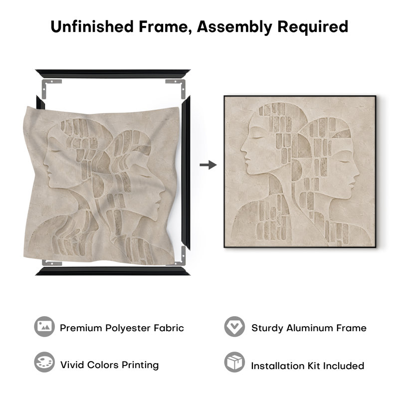 Impression sur tissu grand format - Beige neutre - Deux visages de femmes - Motif géométrique - Idéal pour le salon ou la chambre - « Assemblage du cadre requis (cadre non fini) »