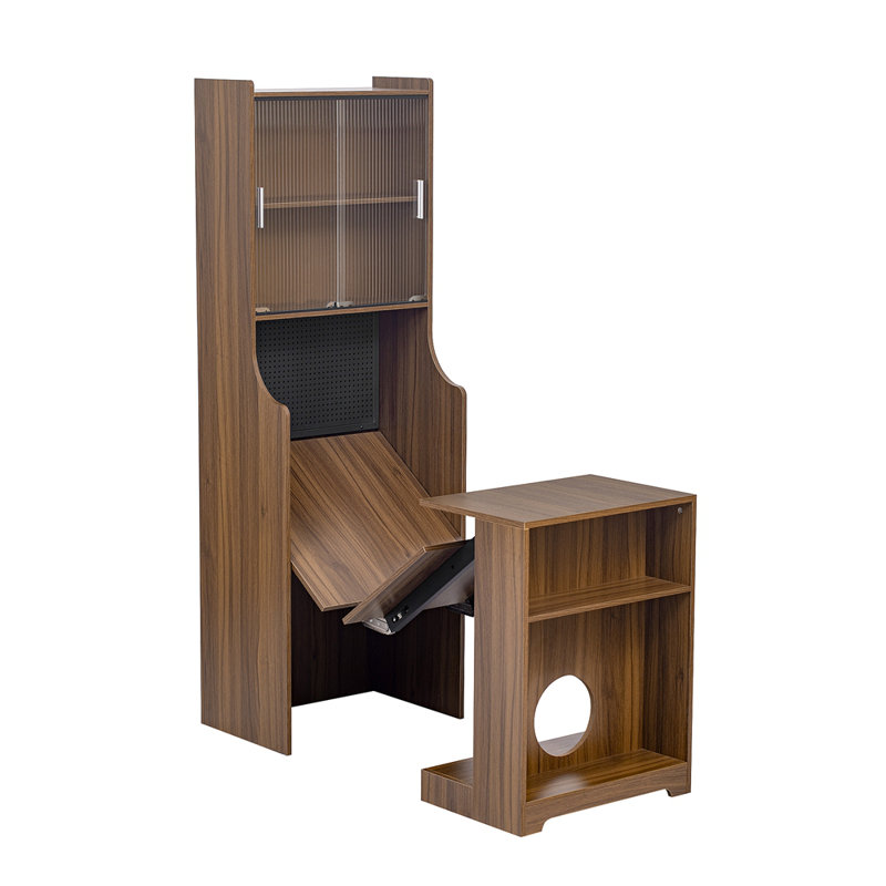 Armoire Mid-Century moderne en noyer rétro multi-usage avec lit à griffes pour chat, armoire d'appoint avec table extensible
