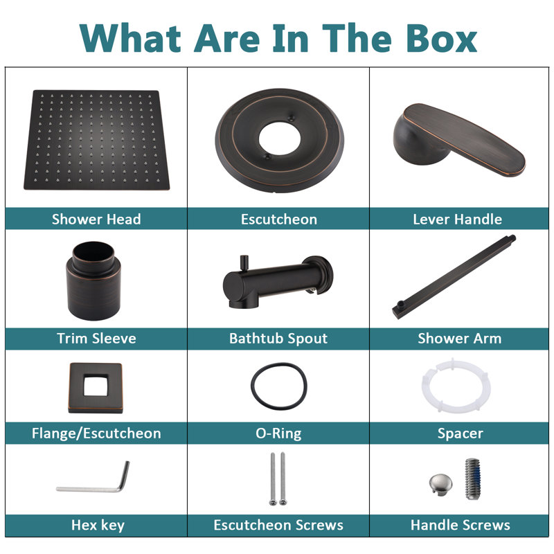 Faucet Shower Trim Kit With 12" Square Rain Shower Head (Valve/Cartridge Not Included), Oil Rubbed Bronze