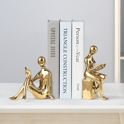 Ensemble de 2 serre-livres de lecture décoratifs, serre-livres en céramique dorée pour la maison, le bureau et les tablettes, décorations de tablettes créatives, cadeau pour les amateurs de livres