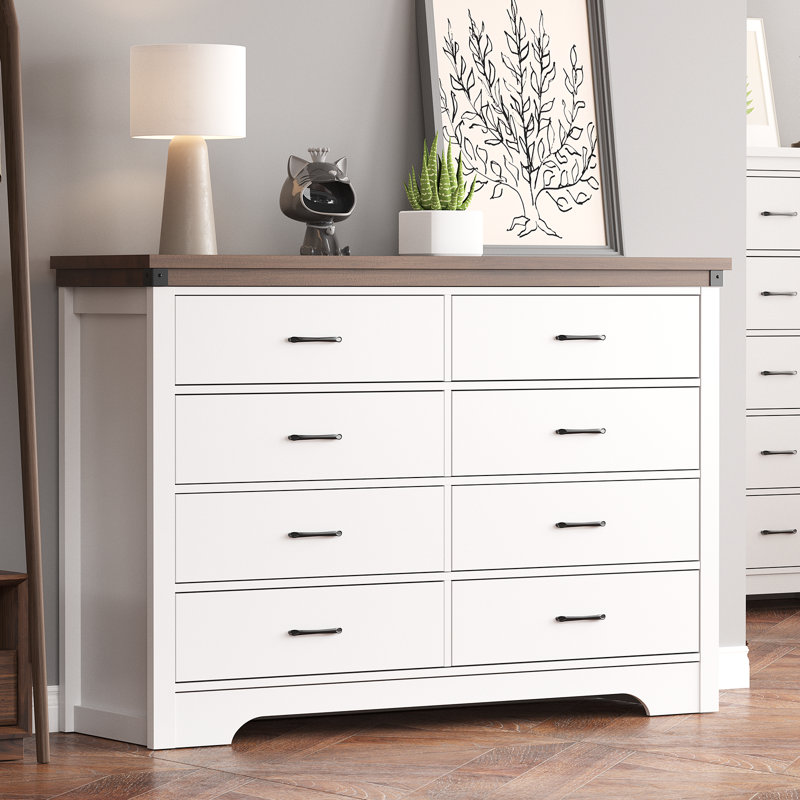 8-Drawer Dresser 52"W Double Dresser With Walnut Brown Top Panel