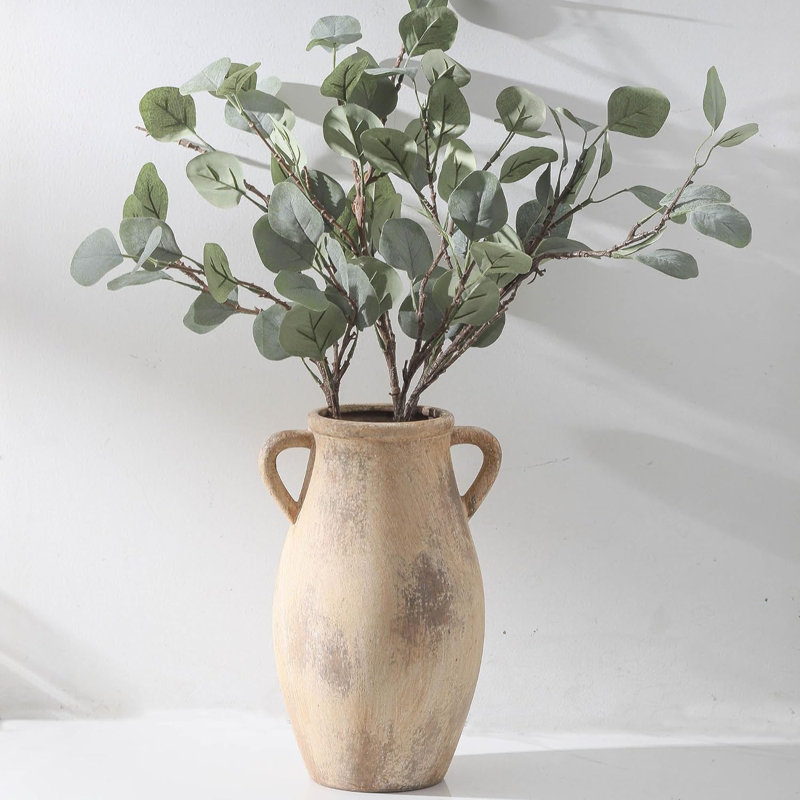 Large Farmhouse Ceramic Vase With Handles, Rustic Terracotta Flower Vase For Home Decor, Centerpiece For Living Room, Entryway, Or Table