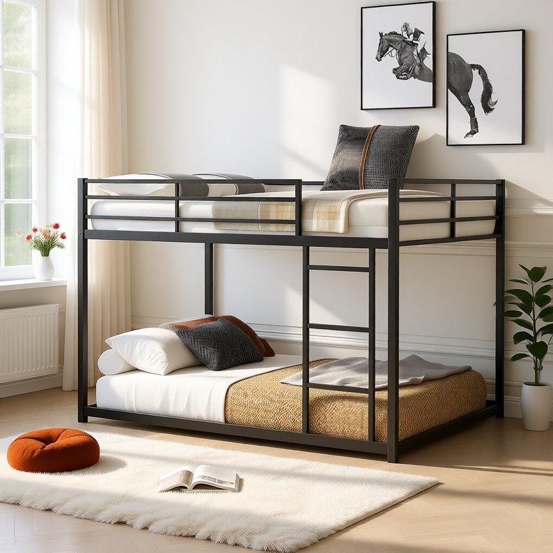 Metal Bunk Bed, Low Bunk Bed with Ladder, Twin Over Twin, Black