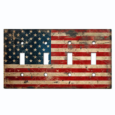 Metal Light Switch Plate Cover; US Standard Size 4 Gang Toggle - Rustic American Flag