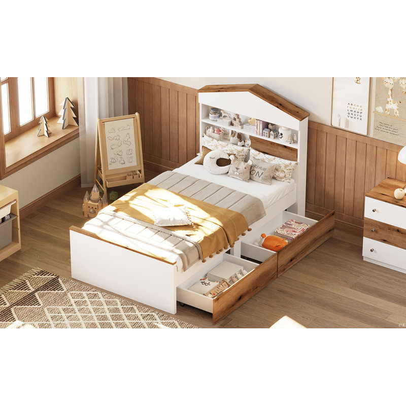 Twin Size House-Shaped Wooden Bed With Storage Shelf On The Headboard, Built-In Two Storage Drawers, Brown/White