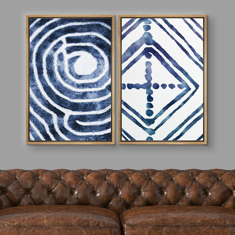Lignes géométriques abstraites à motif d'aquarelle bleu foncé avec motifs géométriques abstraits, style Mid-Century, Naturel