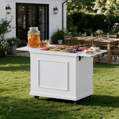 Charcuterie Cart on Wheels with 12 Stainless Steel Food Pans, Outdoor Buffet Cart with Fold-Out Side Tables & Storage Cabinet, Mobile Pizza Topping Station & Salad Bar Serving Table, Foldable & Tool-Free Assembly for Party, Wedding, or Catering