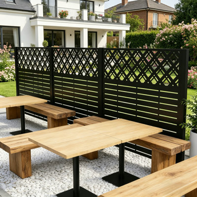 Écran d'intimité en forme de losange en métal noir à double bloc, 48 po x 47,3 po, clôture multifonctionnelle pour piscine et cour arrière climatisée.