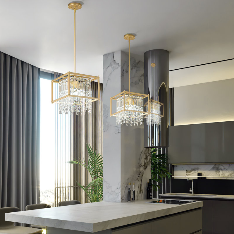 Jennesa Jhase Crystal Dimmable Square / Rectangle Chandelier Modern Pendant Light Fixture, Gold