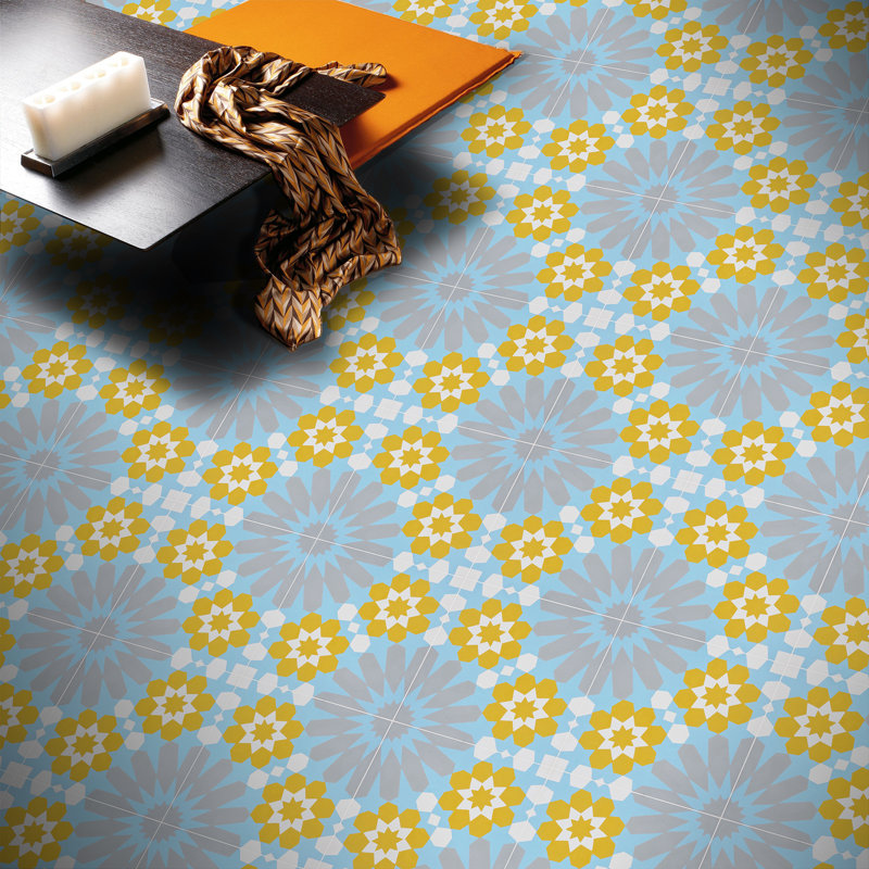 Agdal 8" x 8" Cement Patterned Wall & Floor Tile, Blue/Yellow/Gray