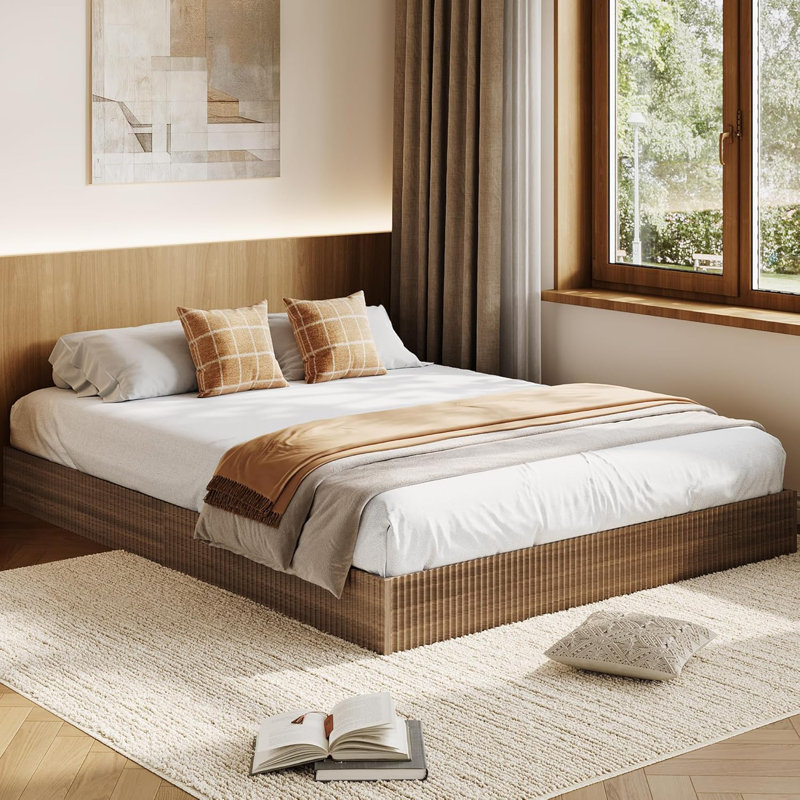  Structure plateforme de lit plateforme à profil bas en bois avec lattes en bois sans sommier, Noyer, Lit double
