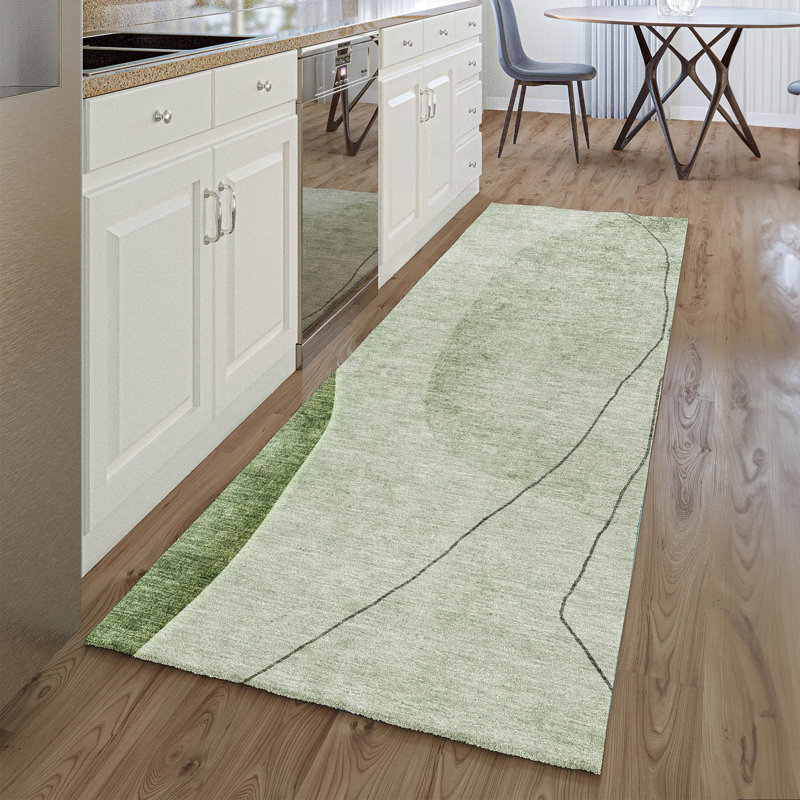 Premium Machine Washable Prisco Green Rug, Runner 2'3" x 7'6"