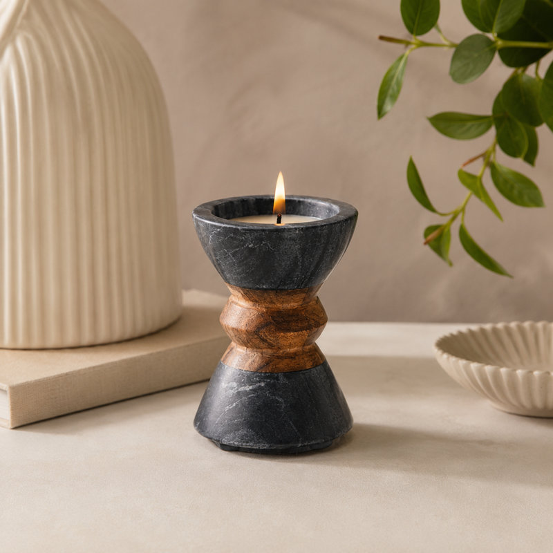 Handmade Black Marble & Acacia Wood Candleholder