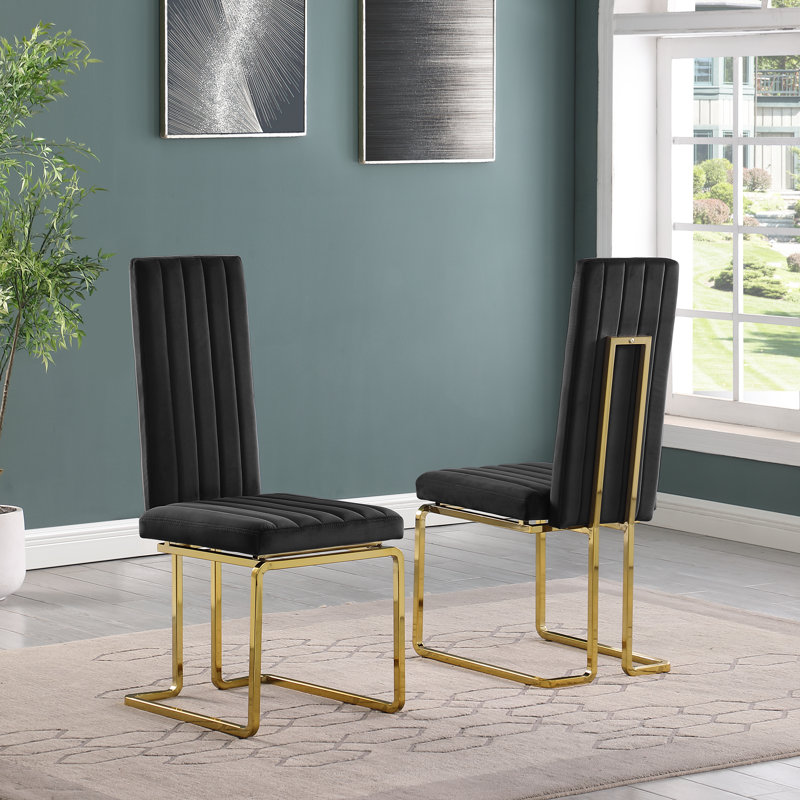 19'' H Velvet Upholstered Side Chair, Black, Gold