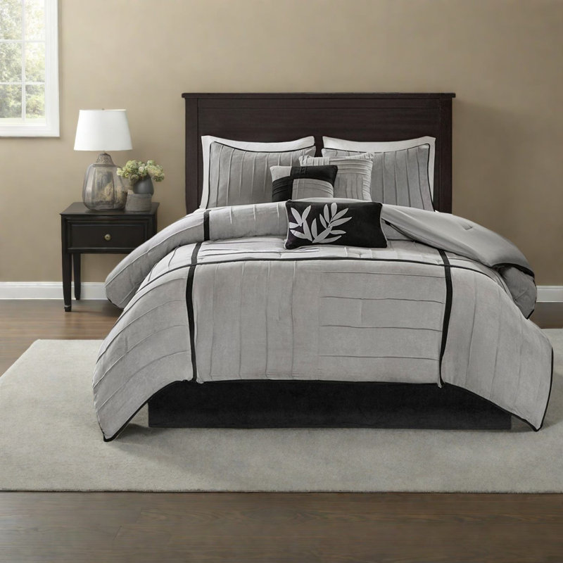 Premium 7-piece Grey King Bedding Set, Faux Suede, Modern Casual
