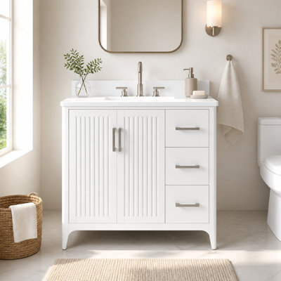 36" Pre-Assembled Solid Wood Bathroom Vanity with Sink, Built-In Power Outlet