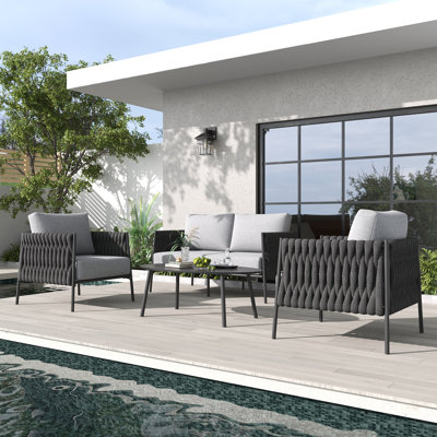 4 Piece Outdoor Furniture Set with Coffee Table, Modern Rope Woven Patio Conversation Sofa Set with Olefin Braid and Deep Seating